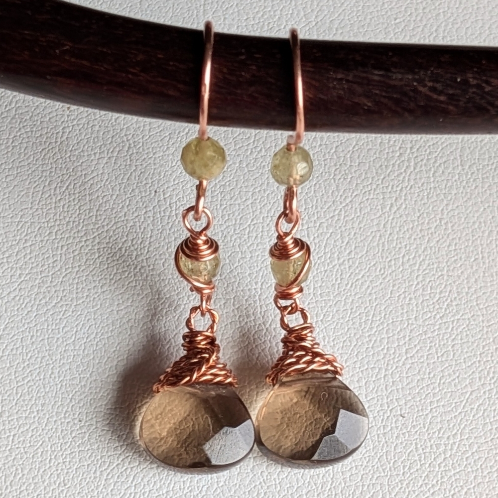 Smokey Quartz Earrings Green Garnet Accents Dangle Drop Artisan Handmade - Picture 6 of 12